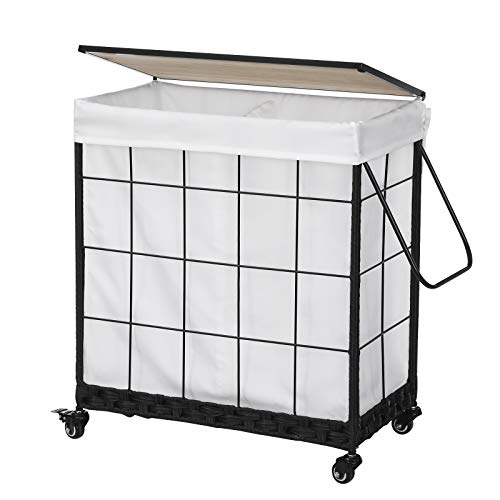 Durable Laundry Hamper with Removable Liner Bag, Heavy Duty Wheels, Wood Lid and Metal Handle - Clothes Sorter and Laundry Basket in White