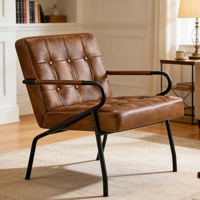 Modern Leather Accent Chair, Mid-Century Reading Chairs for Adults Comfy Lounge Armchair with Thick Cushion Metal Frame, 300lbs Capacity, Living Room/Waiting Room/Bedroom/Office, Brown