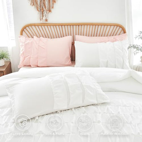 PERFEMET White Twin Comforter Set, 3 Pieces Ruffled Girls Comforter Sets Boho Vintage Shabby Chic Bedding, All Season Soft Lightweight Kids Bed Set for Teen Girl (White,Twin) PERFEMET