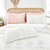 PERFEMET White Queen Comforter Set, 3 Pieces Girls Ruffled Bedding Sets Vintage Shabby Chic Bedding, Soft Lightweight Farmhouse Boho Bed Set for Girls Women (White,Queen) PERFEMET