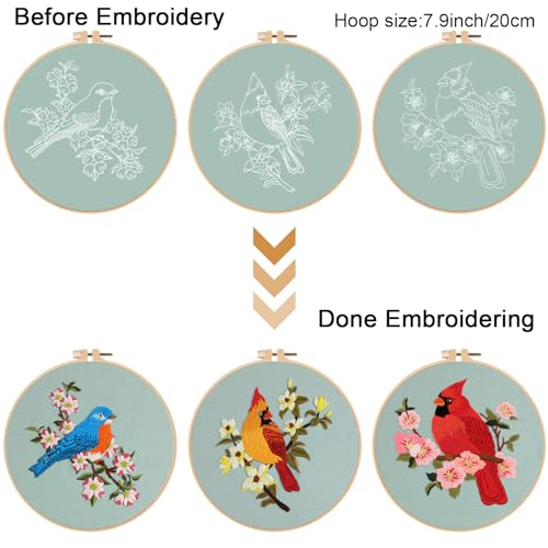 Louise Maelys 3 Sets Bird Embroidery Kits for Beginners,Adults Starter Flower Pattern Cross Stitch Kit DIY Needlepoint Kits with Embroidery Instructions