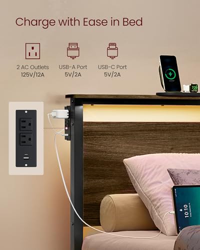 VASAGLE Twin Size Metal Bed Frame with Headboard, Multifunctional Storage, Built-in LED Lights, Charging Station, Bookshelf, Bedside Shelf, Space-Saving, No Box Spring Needed, Ash Brown URMB963K01 VASAGLE