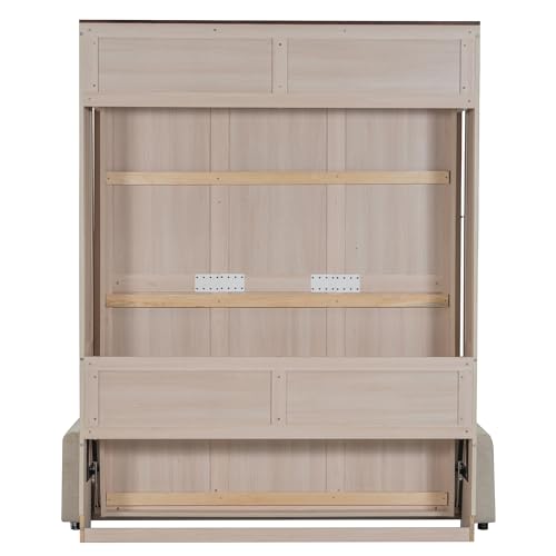 SOFTSEA Queen Size Murphy Bed with Sofa, Hidden Wall Bed Cabinet with LED Lights, Space-Saving Foldable Murphy Bed Frame for Guest Room Bedroom Home Office, Beige SOFTSEA
