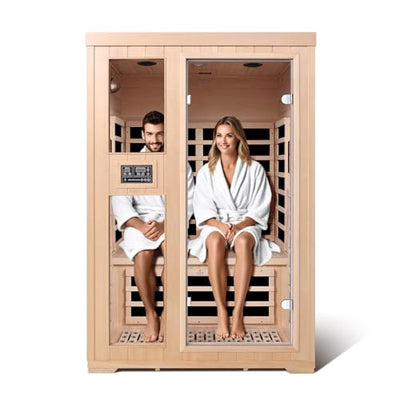 2-Person Infrared Sauna, Indoor Home Sauna Room Hemlock Wood Sauna Low EMF Far Infrared Heating with Tempered Glass Door Bluetooth Speakers, Chromotherapy Lights for Family（110V, 1850W）Truck delivery