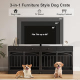 GarveeHome Dog Crate Furniture for 2 Dogs, Dog Kennel Indoor with 4 Storage Drawers and Feeding Bowls, Double Dog Crate TV Stand for Small Medium Dogs, Black GarveeHome