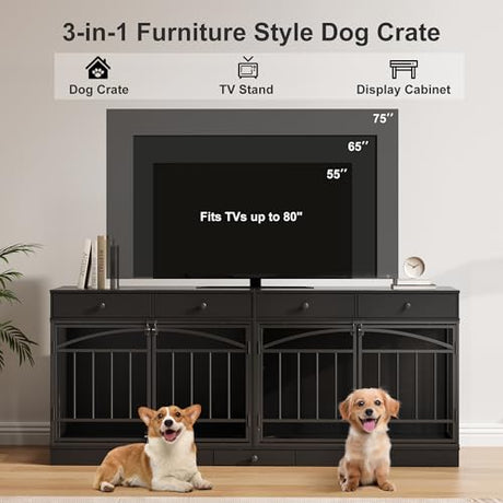 GarveeHome Dog Crate Furniture for 2 Dogs, Dog Kennel Indoor with 4 Storage Drawers and Feeding Bowls, Double Dog Crate TV Stand for Small Medium Dogs, Black GarveeHome