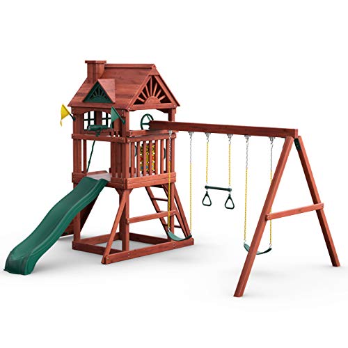 Gorilla Playsets 01-0021 Nantucket II Wood Swing Set with Wood Roof, Two Swings, Slide, Sandbox Area, Rock Wall, Redwood Color Gorilla Playsets