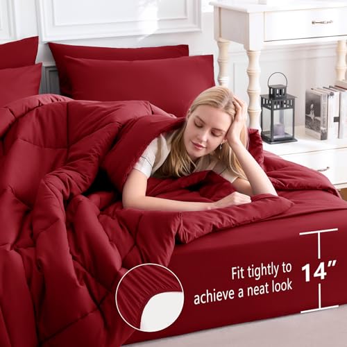 CozyLux Full Size Comforter Sets Dark Red, 7 Pieces Bed in a Bag, Red Comforter Full Size, All Season Bedding Sets with Stitch Quilted Comforter, Flat Sheet, Fitted Sheet, Pillowcases CozyLux
