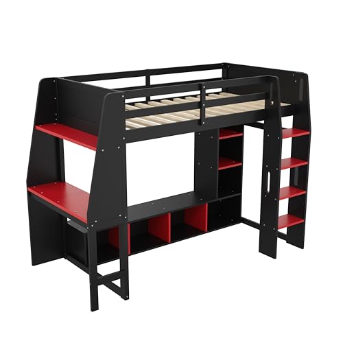 Wooden Gaming Loft Bed with Desk & Storage Shelves & Hanging Clothes Rack,Twin Size Loft Bed Frame with LED Light,Safety Guardrails and Ladder for Kids Teens Adults Room Use,No Box Spring Needed,Black Harper & Bright Designs