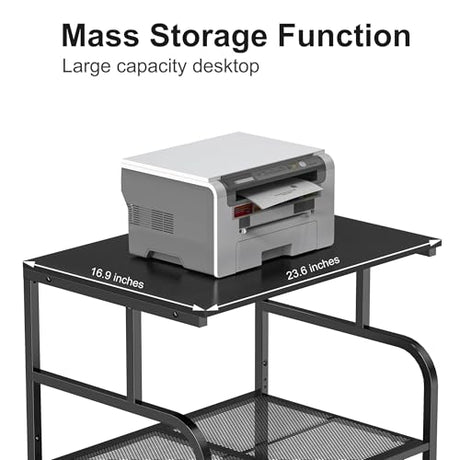 niffgaff Mobile Printer Stand with Large Desktop - 3 Tier Shelf, 24.4 Inch Height, Wooden Organizer for Home&Office, Black niffgaff