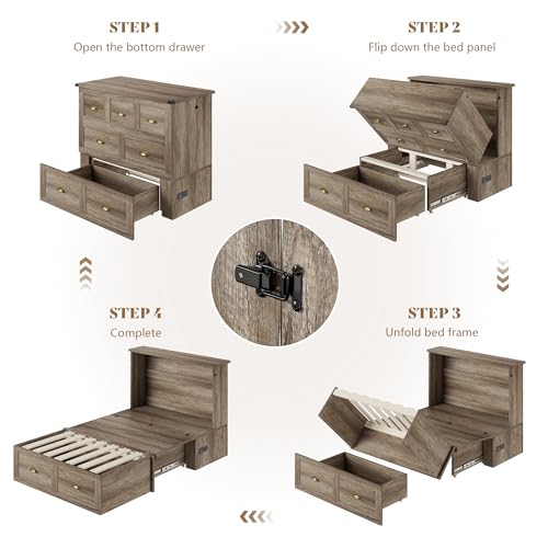 AMERLIFE Twin Size Murphy Bed, Farmhouse Wooden Cabinet with Charging Station and Storage Drawer for Bedroom/Office/Guest Room, Grey Oak AMERLIFE