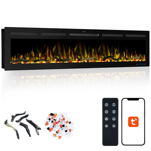 74" WiFi Smart Electric Fireplace Insert - Recessed & Wall Mounted Fireplace Heater with 13 Flame Colors & 6 Brightness Levels, APP/Touch/Remote Control, Timer, Crystal & Charcoal Decor, 750/1500W Vaczon