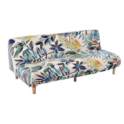 WOMACO Printed Futon Cover Stretch Sofa Bed Slipcovers Full Twin Queen Size Armless Couch Loveseat Protector Covers with Elastic Bottom for Living Room Bedroom Furniture (Rain Leaves, 63"-75") WOMACO