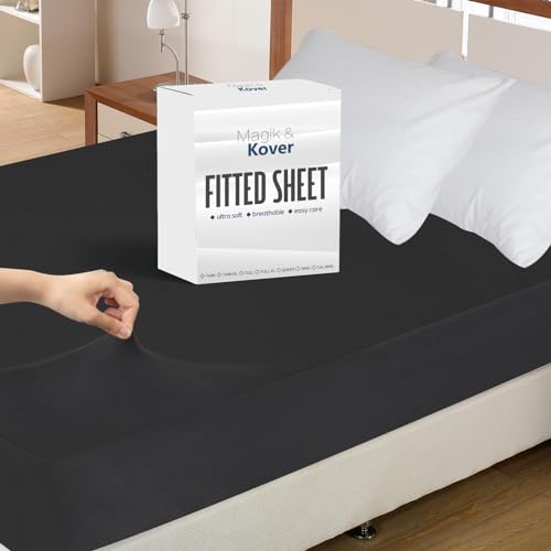 Twin Fitted Sheet Only, Super Soft & Cozy Twin Size Bed Sheets for Boys Kids with Deep Pocket to 14 Inch, Cooling Jersey Mattress Bottom Sheets,Shrinkage & Stain Resistant, Wrinkle Free, Black Magik & Kover