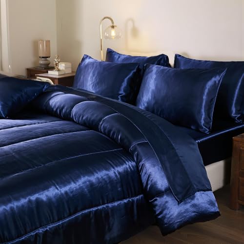 Bedding_Dreamer Silk Like Blue Comforter Set with Sheet Sets Queen 8 Pieces Satin Bedding Silky Bed-in-a-Bag Luxury Hotel Silky with 1 Cushion Cover Bedding_Dreamer
