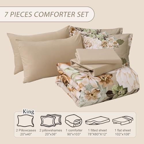 Dintszyayue Khaki Floral Comforter Set King Size 7 Pieces Bed in a Bag Elegant Flower Bedding Set for All Season with Flat Sheet, Fitted Sheet, Pillowcases & Shams Dintszyayue