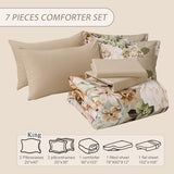 Dintszyayue Khaki Floral Comforter Set King Size 7 Pieces Bed in a Bag Elegant Flower Bedding Set for All Season with Flat Sheet, Fitted Sheet, Pillowcases & Shams Dintszyayue