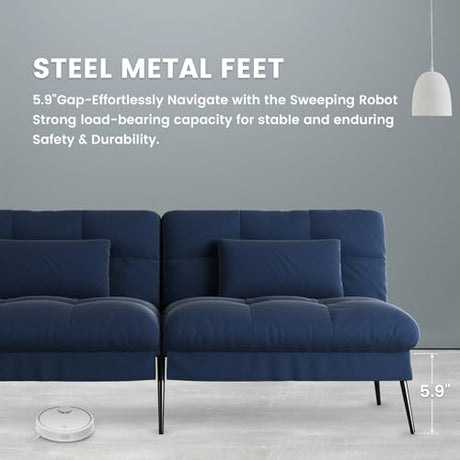 COMHOMA Convertible Futon Sofa Bed, 72″Fabric Futons Couch with Adjustable Backrest, Folding Sleeper Recliner for Living Room Furniture (Blue) COMHOMA