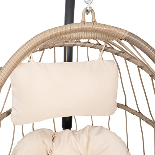 Taylor & Logan Corbin Natural Patio Hanging Wicker Egg Chair with Cream Plush Seat Cushions & Swing Stand for Indoor/Outdoor Use - WoodArtSupply