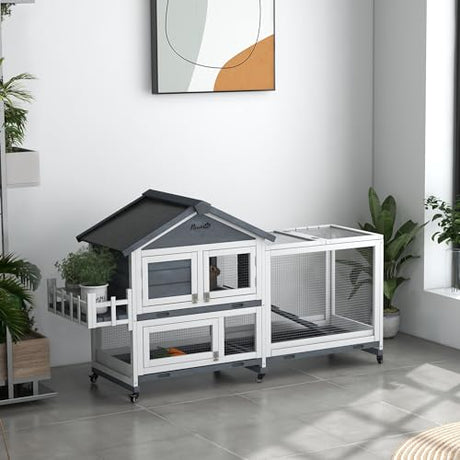 PawHut 65" Wooden Rabbit Hutch, Guinea Pig Hutch, Pet Playpen with Openable Roof, Bunny House Enclosure with Wheels, Storage Box, Slide-Out Tray, Ramp for Small Animals, Gray PawHut