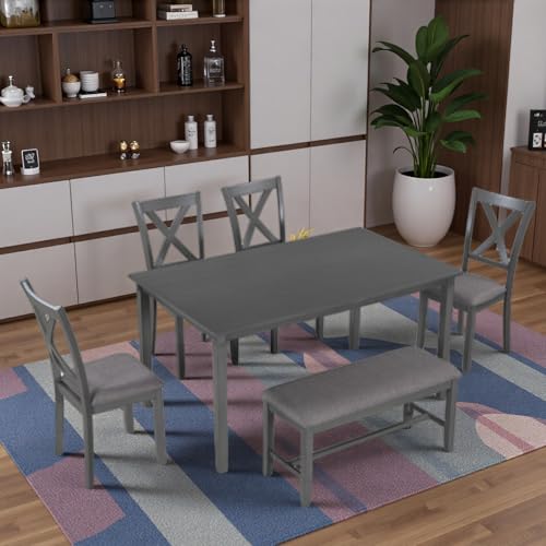 LUMISOL 6-Piece Dining Table Set with Bench for 4-6 People, Including 1 Dining Table, 4 Upholstered Chairs and 1 Bench, Save Space, Dark Grey LUMISOL