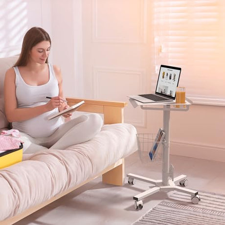 ONKRON Mobile Laptop Cart on Wheels, Load up to 17.6 lbs, Standing Rolling Desk Adjustable Height, Portable Workstation for Laptop/Small Computer Cart for Couch, Home, Office White ONKRON
