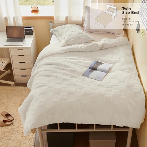 Joiedomi Tufted Twin Comforter Set, 2 Pieces Beige Boho Twin Bedding Set with 1 Plaid Geometric Comforter and 1 Pillow Sham, Checkered Bed in a Bag for All Seasons Joiedomi