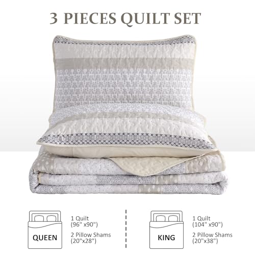 WONGS BEDDING Beige Quilt Queen Size, Bohemian Stripe Quilt Sets 3 Pieces Beige Boho Quilted Bedspread Set Lightweight Microfiber Coverlet Bedding Set All Season (96"x90") WONGS BEDDING