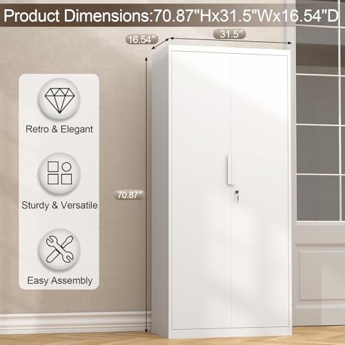 GREATMEET Garage Storage Cabinets, Metal Storage Cabinet with 2 Doors and Shelves, 71" H Metal Pantry, Lockable Storage Cabinets, Tool Storage Utility Cabinet for Office, White GREATMEET