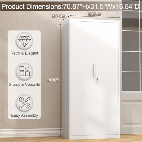 GREATMEET Garage Storage Cabinets, Metal Storage Cabinet with 2 Doors and Shelves, 71" H Metal Pantry, Lockable Storage Cabinets, Tool Storage Utility Cabinet for Office, White GREATMEET