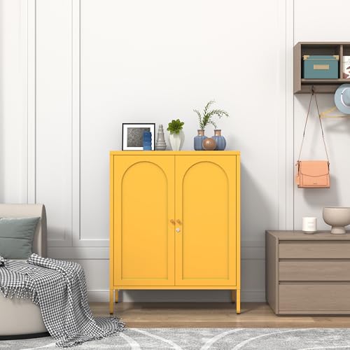Yellow Metal Storage Cabinet Locker with 2-Adjustable Shelves 2 Door Multi-Purpose Organize Lockers 36‘’ Lockable Steel Sideboard with for Living Room Kitchen Entryway Size：36" H X 31.5" W X 13.8" D Kasfth
