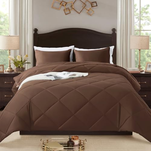 SUVAMJAM 3-Piece Queen Comforter Set,All-Season,Soft & Hypoallergenic &Breathable Bedding,Polyester Quilted,Down Alternative(Comforter*1 & Pillowcases*2),Chocolate SUVAMJAM