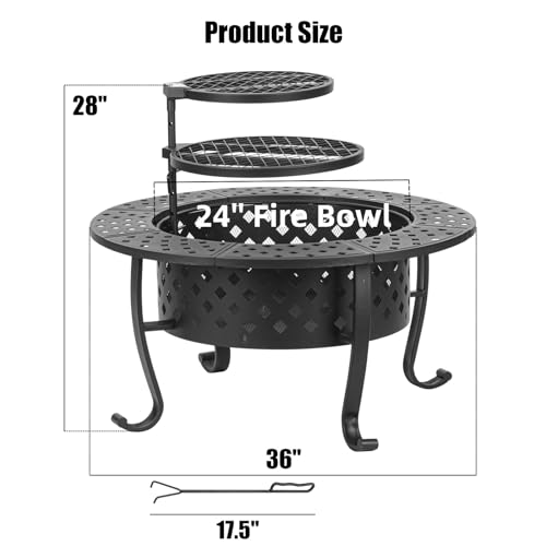 Panovue 36 Inch Fire Pit with 2 BBQ Grills, Wood Burning Fire Pits for Outside with Lid & Fire Poker, BBQ& Outdoor Firepit & Round Metal Table 3 in 1 for Patio, Picnic, Party… Panovue