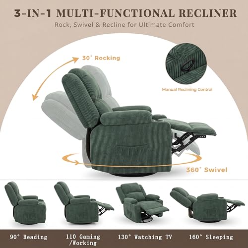 IKAKOS 360 Degree Swivel Rocker Recliner Chair with Heat and Massage, Soft Corduroy Manual Reclining Nursery Glider with USB Port, 2 Cup Holders & 4 Storage Pockets, 400lbs Capacity (Green)