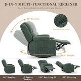 IKAKOS 360 Degree Swivel Rocker Recliner Chair with Heat and Massage, Soft Corduroy Manual Reclining Nursery Glider with USB Port, 2 Cup Holders & 4 Storage Pockets, 400lbs Capacity (Green)