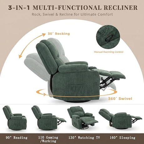 IKAKOS 360 Degree Swivel Rocker Recliner Chair with Heat and Massage, Soft Corduroy Manual Reclining Nursery Glider with USB Port, 2 Cup Holders & 4 Storage Pockets, 400lbs Capacity (Green) IKAKOS