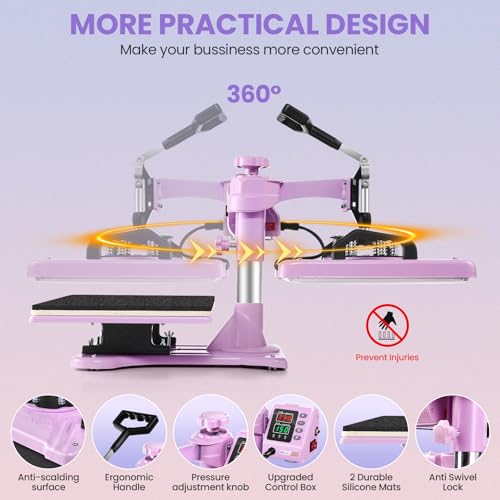 AKEYDIY Heat Press Machine 8 in 1 Combo 12x15 Inch Shirt Press Machine Heat Press Sublimation Machine for T-Shirts, Hats Caps Tumblers Glass Cans Mugs, and Plates (Pink Purple 8 in 1) AKEYDIY