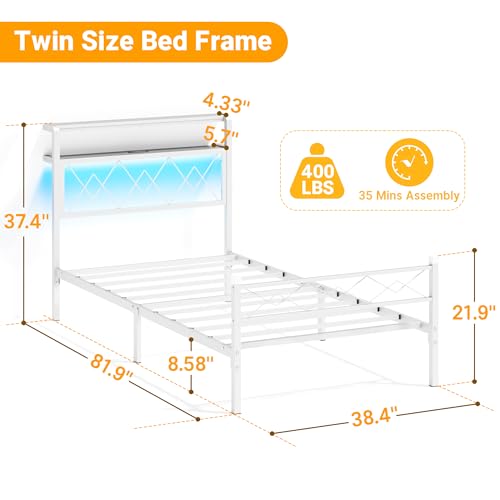 Weehom Twin Bed Frames with Headboard, Metal Bed Frame with 2-Tier Shelves Storage, Modern Twin Platform Bed with Charging Station & LED Lights - No Box Spring Needed, White Weehom