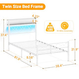 Weehom Twin Bed Frames with Headboard, Metal Bed Frame with 2-Tier Shelves Storage, Modern Twin Platform Bed with Charging Station & LED Lights - No Box Spring Needed, White Weehom