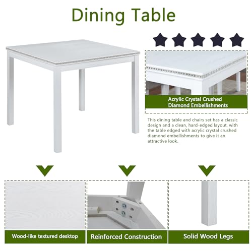 LUMISOL Dining Table Set for 4, 5-Piece Solid Wood Kitchen Table Set with 4 Upholstered Chairs for Kitchen, Dining Room, Home Bar, White LUMISOL