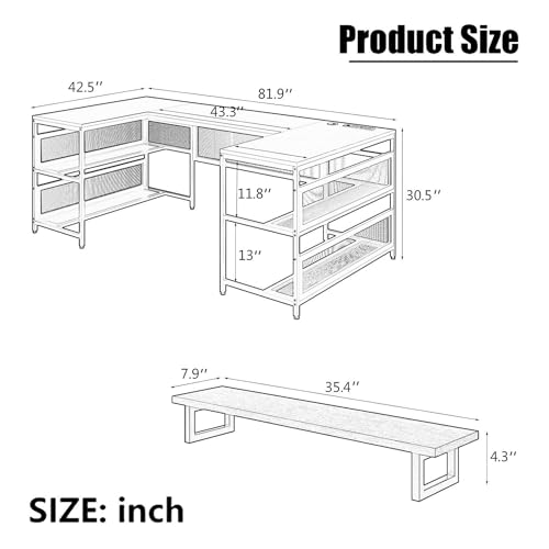 Saranya 18 Shop New Modern Brown U Shaped Gaming Desk Computer 3 Spacious Desktop 4 Storage Racks Shelf Cabinet Shelves LED Lights Reversible Home Office 81.9”L x 42.5”W x 30.5”H of Set, 366302510310