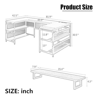 Saranya 18 Shop New Modern Brown U Shaped Gaming Desk Computer 3 Spacious Desktop 4 Storage Racks Shelf Cabinet Shelves LED Lights Reversible Home Office 81.9”L x 42.5”W x 30.5”H of Set, 366302510310