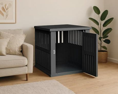 KFY 30 INCH Small Dog Crate Furniture Lockable Dog Kennel Indoor Dog Cage Plastic Pet Cage End Table for Small/Medium Dogs, Black KFY