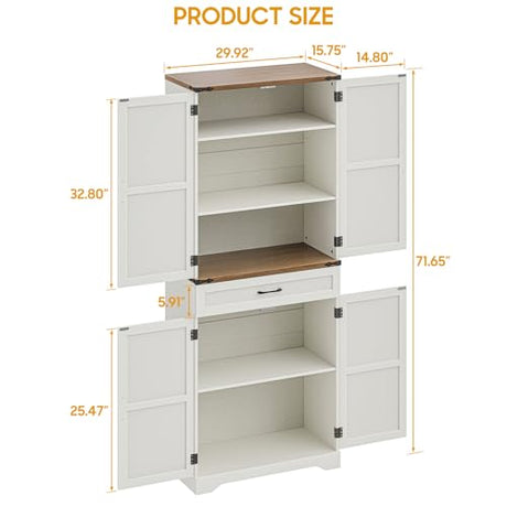 72" Tall Farmhouse Kitchen Pantry, Farmhouse Storage Cabinet with Adjustable Shelves, Large Capacity Storage Cabinet with Drawer,Freestanding Cupboard for Kitchen, Dining Room, Living Room, White Befrases