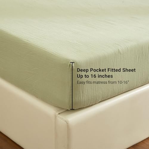100% Muslin Cotton Sage Green Fitted Sheet Twin Only with 16" Elastic Deep Pocket, 1 Pack Soft Breathable Absorbent Gauze Single Fitted Bottom Sheet, Minimalist Fluffy Wrinkle Mattress Protector YASMENG