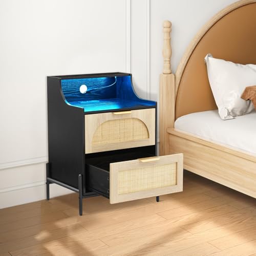 Rattan Nightstand, Modern Bedside Table with Led Lights and 2 Drawers, Black Nightstand with Charging Station, Wooden Bedside Table, Suitable for Bedrooms and Small Spaces, Black IDEALHOUSE