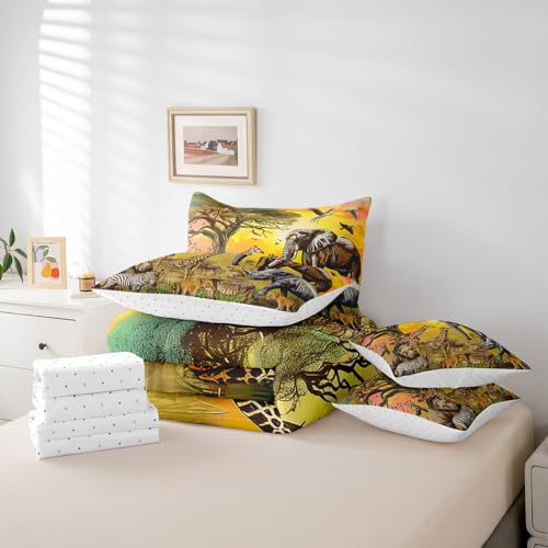 Erosebridal African Safari Animal Comforter Set Queen Size 7 Piece,Elephant Giraffe Bedding Set with Sheet Set,Zebra Cheetah Rhinoceros Bed in A Bag with Throw Pillow Covers,Reversible Erosebridal