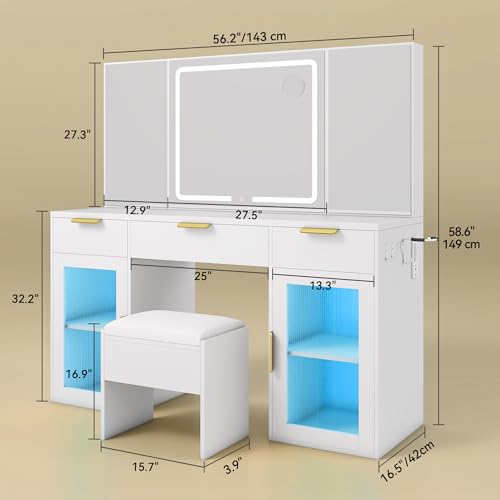 DWVO 56" Vanity Table Set with Tri-Fold Mirror & LED Lights, Makeup Vanity Desk with RGB Glass Cabinets, Storage Drawers, Shelves, Built-in Power Strip, Cushioned Stool for Dressing Room, White DWVO