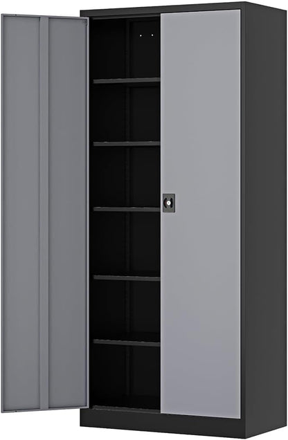 Fesbos 71” Tall Metal Storage Cabinet- Steel File Cabinets with Lockable Doors and Adjustable Shelves-Black&Gray Steel Storage Cabinet for Home,Kitchen, School, Office, Garage