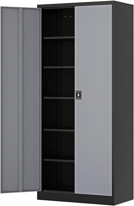 Fesbos 71” Tall Metal Storage Cabinet- Steel File Cabinets with Lockable Doors and Adjustable Shelves-Black&Gray Steel Storage Cabinet for Home,Kitchen, School, Office, Garage Fesbos